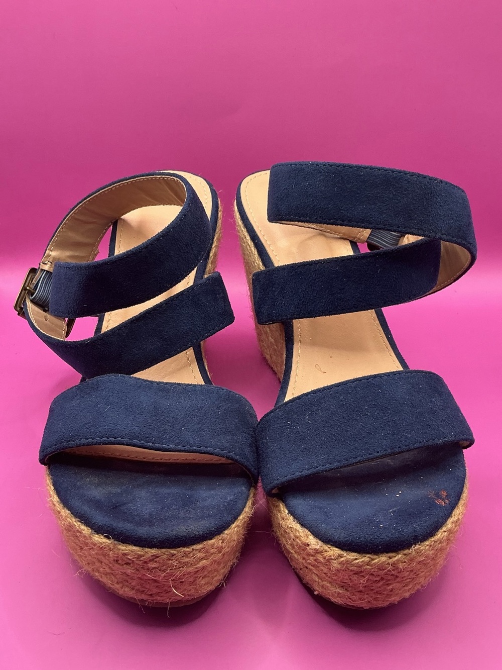 Navy Suede Espadrille Wedge Sandals - Women's